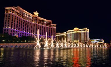 The amazing fountains at night at the Bellagio Hotel & Casino. Located in Las Vegas, Nevada.